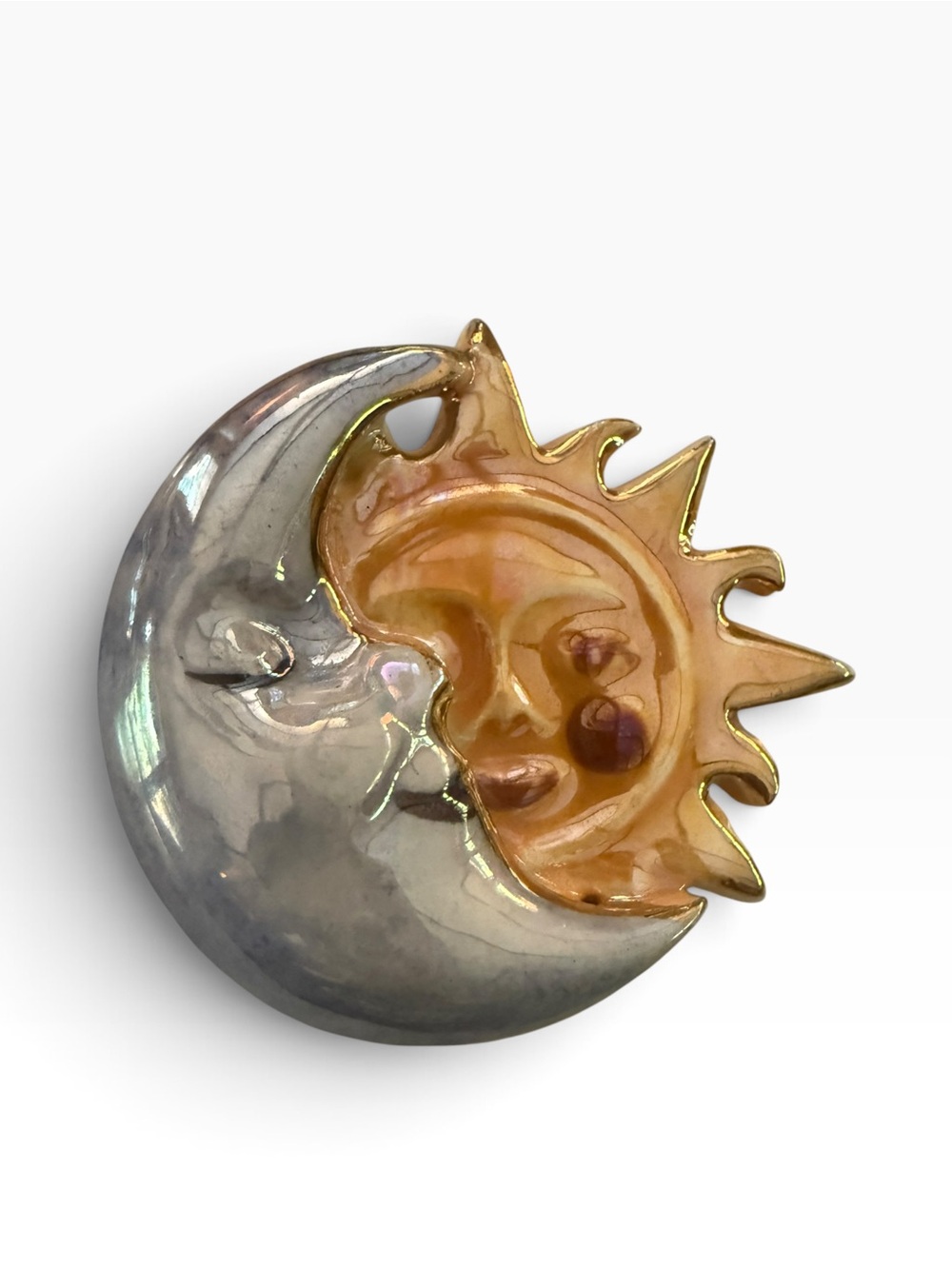 Vintage Ceramic Celestial Sun & Moon Face Brooch Iridescent Statement Pin